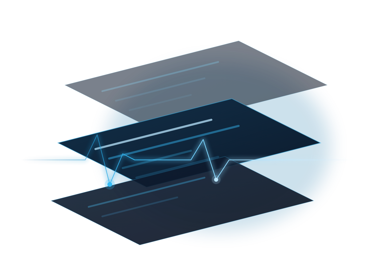 Abstract illustration: layered planes representing structured clinical records, crossed by a single continuous pulse line.