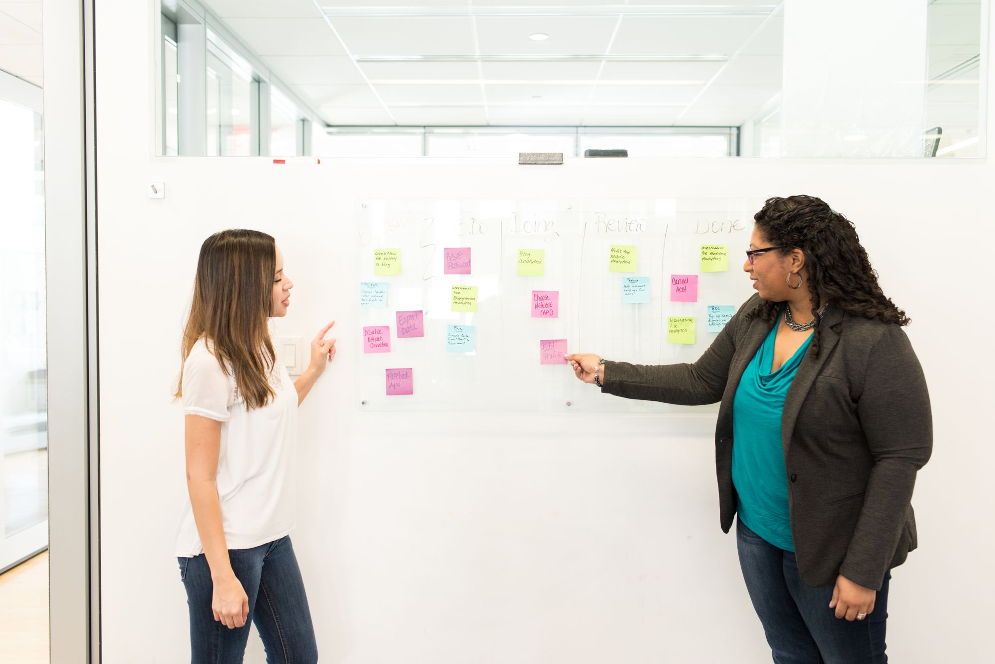 A team mapping the steps of a patient journey on a wall